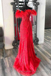 Plunging V-Neck Red Feather Shoulder Long Semi Formal Prom Dress Gala Evening Gown